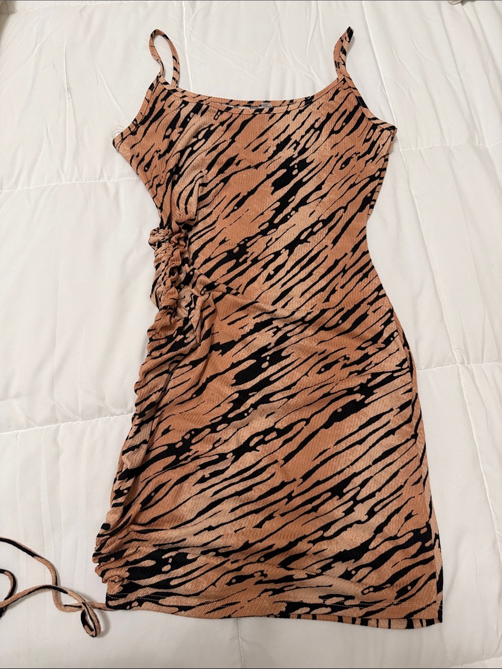 Ruched Spaghetti-Strap Mini Dress in Tan & Black